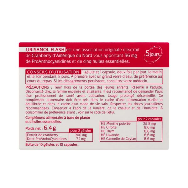 Urisanol Flash - Cranberry & 5 Huiles Essentielles 10 gélules + 10 capsules
