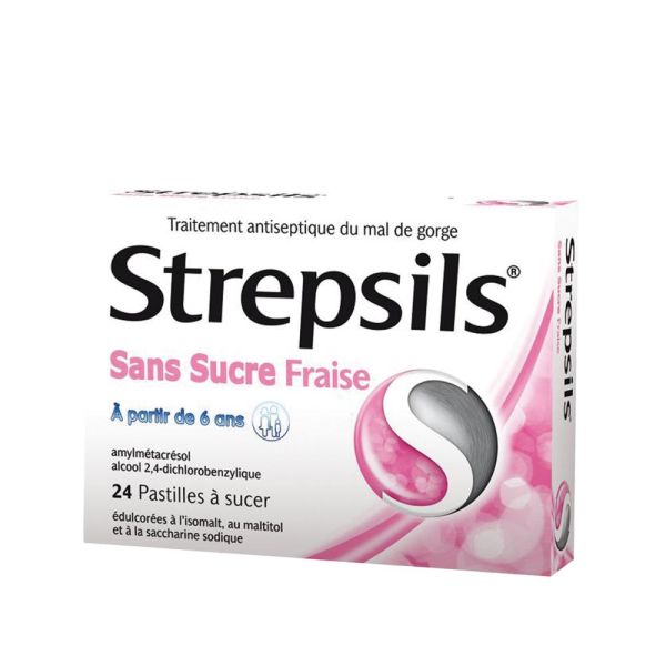 Strepsils fraise sans sucre 24 pastilles à sucer